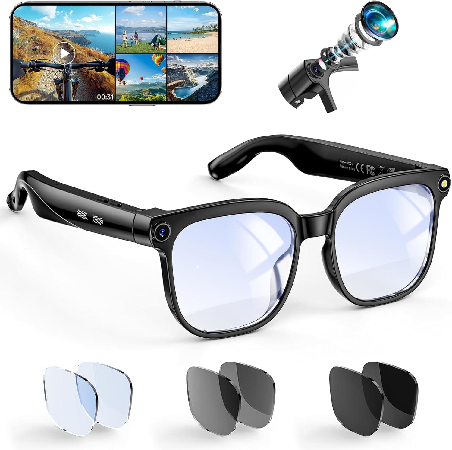 Hwagol Smart Glasses with Camera, AI Translation, Object Recognition & Bluetooth Audio